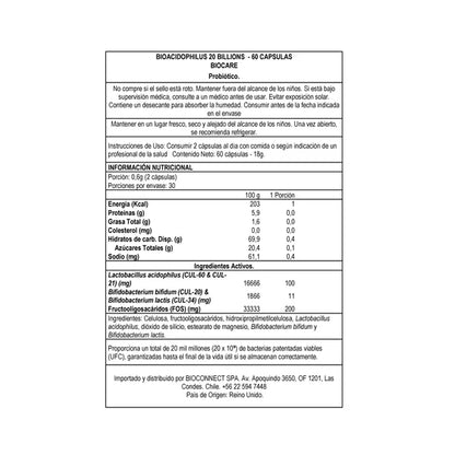 Probióticos BioAcidophilus 20 billones - 60 cápsulas Biocare