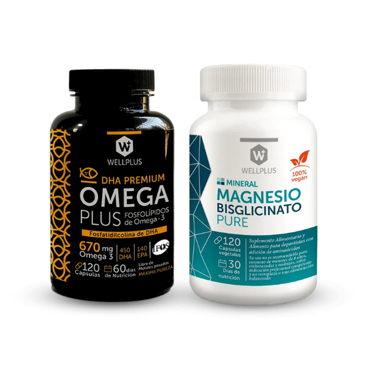 Pack 1 Omega Plus 670 mg 120 Cápsulas + 1 Magnesio Bisglicinato Pure 120 cápsulas Wellplus