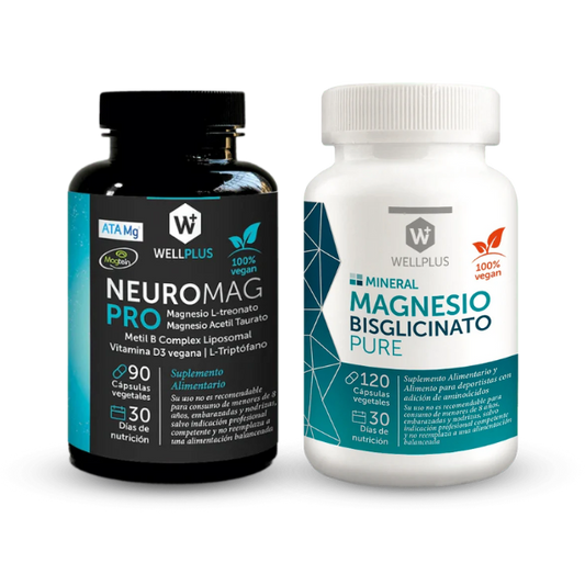 Pack 1 Neuromag Pro 90 Cápsulas + 1 Magnesio Bisglicinato Pure 120 cápsulas Wellplus