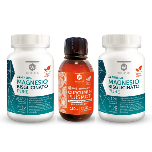 Pack 1 Curcumin Plus MCT 150 ml + 1 Magnesio Bisglicinato Pure 120 cápsulas (x2) Wellplus